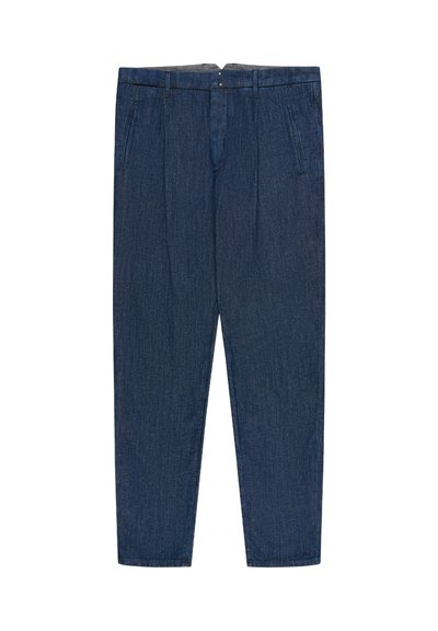 Dark blue tapered denim trousers with belt loops, side pockets, and front button closure, displayed flat on white background.