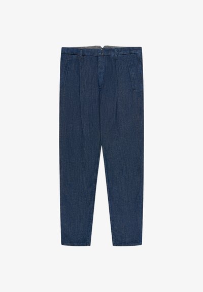 Dark blue tapered denim trousers with belt loops, side pockets, and front button closure, displayed flat on white background.