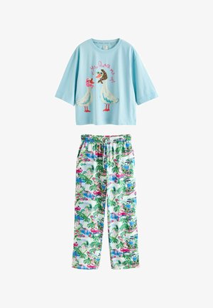 Lichtblauw shirt met korte mouwen, met twee geïllustreerde eenden en de tekst "You quack me up!", gecombineerd met een broek met trekkoord en tropische print.