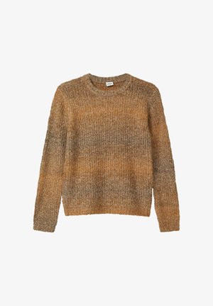Gestrickter Pullover in verschiedenen Brauntönen und Orange, mit rundem Ausschnitt, langen Ärmeln und einer strukturierten Oberfläche, in entspannter Passform.