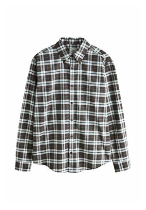 Hnedá a biela károvaná košeľa s golierom na gombíky, dlhými rukávmi a malým logom na hrudi. Vyrobená z látky s károvaným vzorom.
