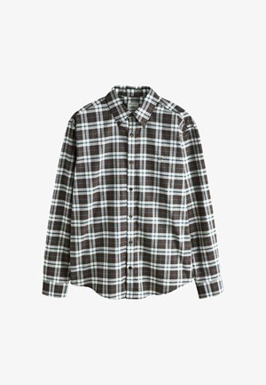 Cămașă în carouri maro și alb, cu guler cu nasturi, mâneci lungi și un mic logo pe piept. Confecționată dintr-un material cu model în carouri.