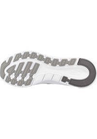 Semelle de chaussure de sport grise et blanche, de style squelettique, avec une bande de roulement en caoutchouc texturé, comportant des rainures et un logo près du talon.