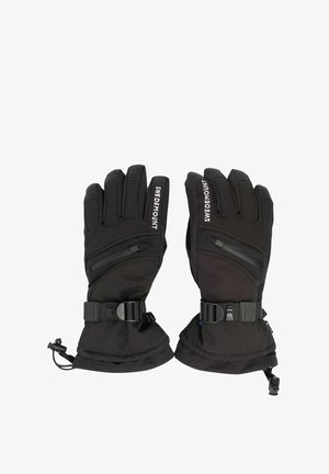 Zwarte handschoenen met een zachte buitenkant, versterkte vingertoppen, verstelbare polsbanden en met rits afgesloten zakken voor opslag.