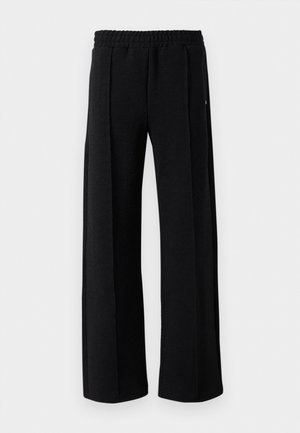 Zwarte rechte broek met elastische tailleband en een subtiel gemarmerd patroon in de stof, op een witte achtergrond.