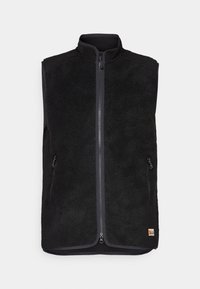 Schwarzer Fleecewesten mit hohem Kragen, Frontreißverschluss, zwei Seitentaschen und kontrastierenden Besätzen. Texturiertes Material mit einem weichen, warmen Aussehen.