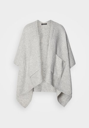 Cardigan aperto grigio chiaro realizzato in un tessuto morbido. Presenta maniche ampie e due tasche anteriori. Texture liscia con una vestibilità comoda.