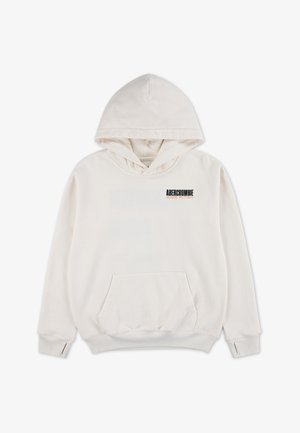 Kreemjas kapuutsiga dressipluus esikülje kengurutubadega, soonikkoes mansettide ja äärega. Rinnal tikitud musta ja punase "Abercrombie" logoga.