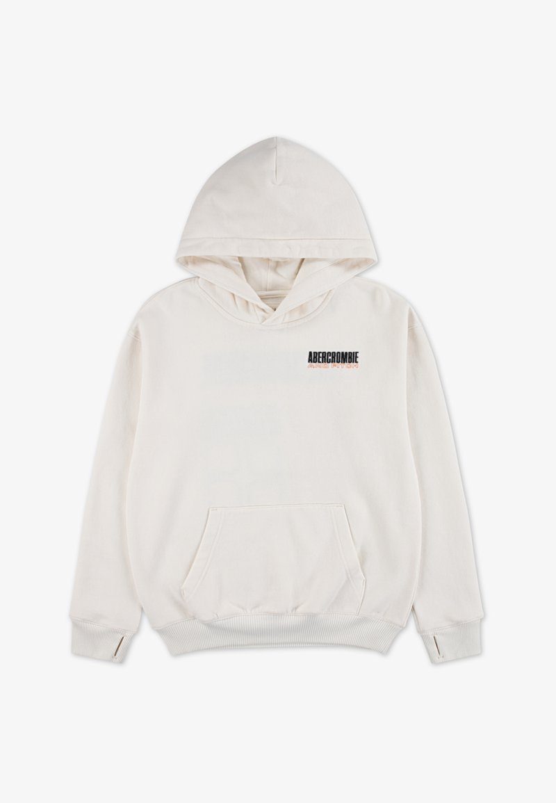 Κρεμ hoodie με μπροστινή τσέπη καγκουρό, ριμπ μανσέτες και τελείωμα. Διαθέτει κεντημένο λογότυπο "Abercrombie" σε μαύρο και κόκκινο στο στήθος.