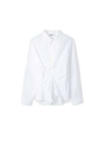 White long-sleeve shirt with a pointed collar, featuring a gathered detail and ruffled front, made from a smooth fabric. Button closure included.