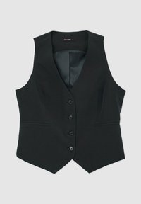 Svart skräddarsydd väst med V-ringning, sex knappar framtill, två sidofickor och ett slätt innerfoder. Klassisk, strukturerad form.