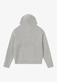 Pull à capuche tricoté gris clair à manches longues, texture côtelée, avec une étiquette sur le bord de la manche gauche, vu de dos.