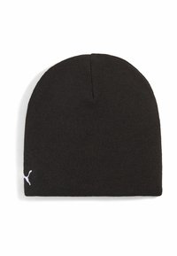 Bonnet noir en tricot avec petit logo Puma blanc brodé près du bord inférieur sur un fond blanc.