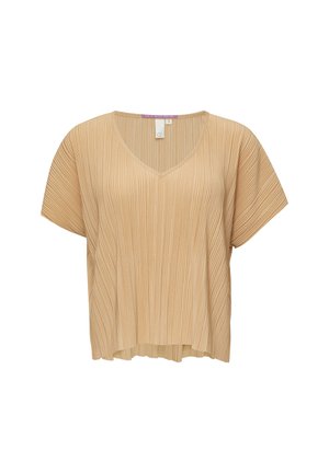 Beige pleated blouse with short sleeves, V-neckline, and relaxed fit. Features vertical ridges and a flowy texture.