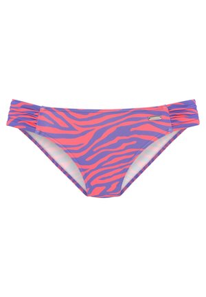 Paarse bikini onderbroek met een roze zebraprintpatroon, voorzien van gathers aan de zijkanten en een zachte, gladde textuur. Zilveren logo-accent.