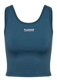 Teal idrottscrop-top i elastisk tyg. Har en rund halsringning och Hummel Performance-logotypen i vitt i mitten.