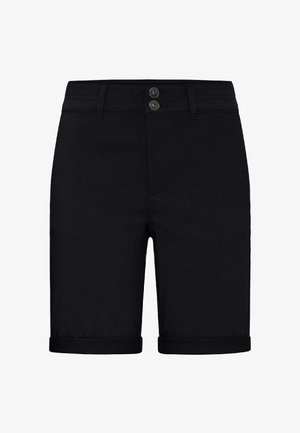 Shorts noirs mi-cuisses avec ourlets retroussés, passants de ceinture et fermeture à double bouton à la taille.