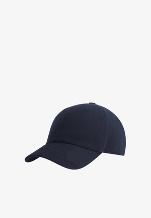 Navy blue baseball cap made of textured cotton fabric. Features a curved visor and ventilation holes, with a classic six-panel design.