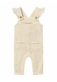 Beige texturerad babydress med volangaxlar, träknappsstängning, framfickor och luftiga sömdekor.
