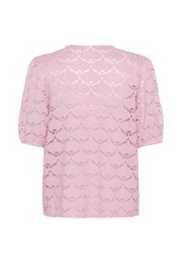 Top in pizzo rosa chiaro con un motivo a onde, maniche corte a sbuffo e scollatura rotonda. Tessuto trasparente con un design delicato.