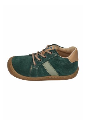 Child's green suede sneaker with tan laces, light green side stripe, tan heel, and brown rubber sole.