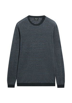 Pánský svetr s dlouhým rukávem pletený se černými a šedými vodorovnými pruhy, kulatým výstřihem a žebrovanými manžetami a lemem.