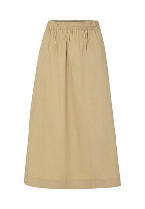 Beige, knee-length skirt made of soft cotton, featuring an elastic waistband, A-line shape, and no visible patterns or accents.