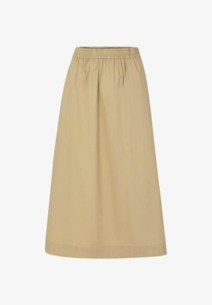 Bež krilo do kolen iz mehke bombažne tkanine, z elastičnim pasom, v obliki črke A, brez vidnih vzorcev ali poudarkov.