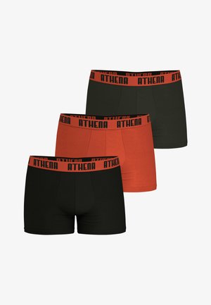 Trois paires de boxers : noir, vert foncé et rouge brique. Chacun présente une ceinture noire avec "ATHENA" imprimé en rouge.