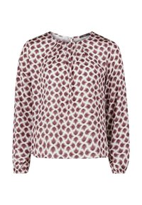 Blouse à manches longues avec encolure froncée, poignets élastiques et motif géométrique répétitif dans des tons de mauve et de blanc.