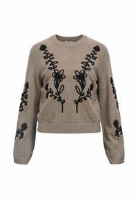 Beige Strickpullover mit schwarzer Blumenstickerei auf der Vorderseite und den Ärmeln, Rundhalsausschnitt sowie gerippten Bündchen und Saum.