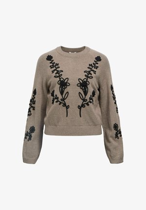 Beige knit sweater with black floral embroidery on front and sleeves, crew neckline, and ribbed cuffs and hem.
