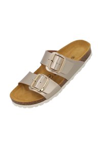 Sandalo beige a due fasce con fibbie metalliche regolabili, una soletta in sughero testurizzato e una suola in gomma bianca. Design leggero e aperto.