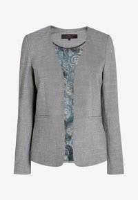 Blazer grigio con rever a punta, due tasche frontali e una stampa paisley interna in blu, bianco e oro. Tessuto testurizzato con una vestibilità su misura.