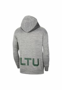 Gray hoodie with a textured fabric and a black hood. Features green "LTU" lettering on the back. Long sleeves and casual fit.