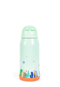 Hellgrüner isolierter Wasserbehälter mit einem Klappdeckel und bunten Pflanzen- und Blumenmuster in der Nähe des orangen Bodens.