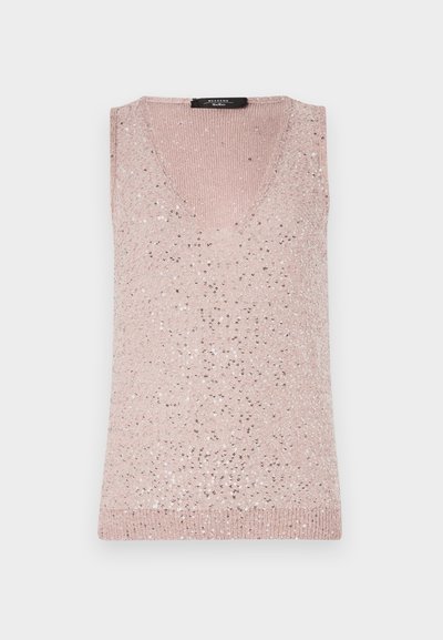Käevarretu, V-kaelusega topp heleses roosas, ribatekstuuriga, millel on hajusalt paigutatud hõbedased sädelevad sequins.