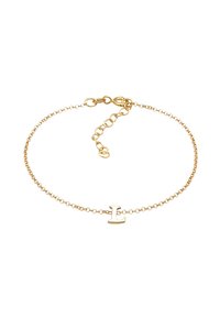 Goldfarbener Kettenarmreif mit einem kleinen, großgeschriebenen Buchstaben "L" Charm. Enthält einen Karabinerverschluss und eine verstellbare Länge mit einer Verlängerungskette.
