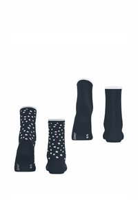 Zwei Paar Socken mit dunkelblauem Grund; ein Paar hat weiße Pünktchen, das andere ist einfarbig dunkelblau. Weiße Bündchen, weicher Stoff.