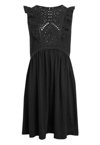 Robe noire avec un corsage ajusté présentant un design avec découpes, des manches à volants et une jupe évasée. Fabriquée en tissu doux et léger.