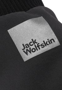 Tessuto nero con un quadrato argentato lucido che presenta il testo "Jack Wolfskin" in caratteri neri in grassetto. Texture liscia, design minimalista.