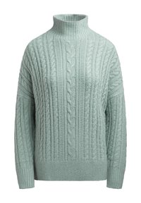 Hellgrüner Strickpullover mit einem hohen Rollkragen und langen Ärmeln, ausgestattet mit gerippten Bündchen und Saum für eine strukturierte Optik.