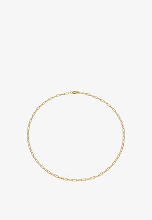 Collier en chaîne dorée avec des maillons rectangulaires, une texture lisse et un fermoir sécurisé. Design simple avec une finition polie.