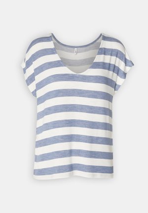 Striped T-shirt with a V-neck, featuring alternating blue and white horizontal stripes, short sleeves, and a loose fit.
