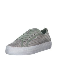 Green and white sneakers with a textured mesh upper, featuring lace closure, woven detailing, and a rubber sole.