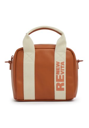 Borsa a mano rettangolare in pelle marrone con manici larghi in tessuto beige, uno dei manici stampato con "NEW REVITA" in lettere in grassetto.