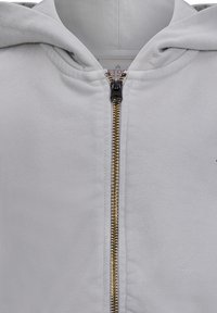 Hellgraue Kapuzenjacke mit durchgehendem Reißverschluss und goldenen Beschlägen. Weiches Baumwollmaterial, lockere Passform und Kapuzendesign.