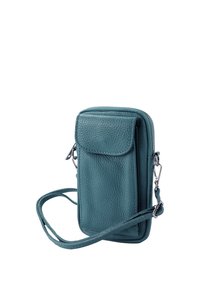 Crossbodytas van groenblauw leer met ritssluiting, klepzak, verstelbare riem en een gestructureerd oppervlak. Cirkelvormige metalen accenten op de riem.