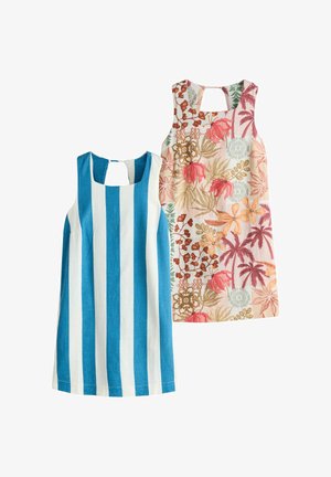 Kaksi hihamatutonta mekkoa: yksi sinivalkoraidallinen, toinen kukkakuvioinen, jossa on vaaleanpunaisia, oransseja ja vihreitä yksityiskohtia. Molemmissa on selässä avonainen, avaimenreikäkuvio.