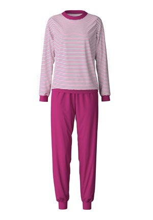 T-shirt à manches longues rayé en rose et blanc avec un col rond, assorti à un pantalon rose uni fuselé, doté de poignets et d'une taille élastiques.
